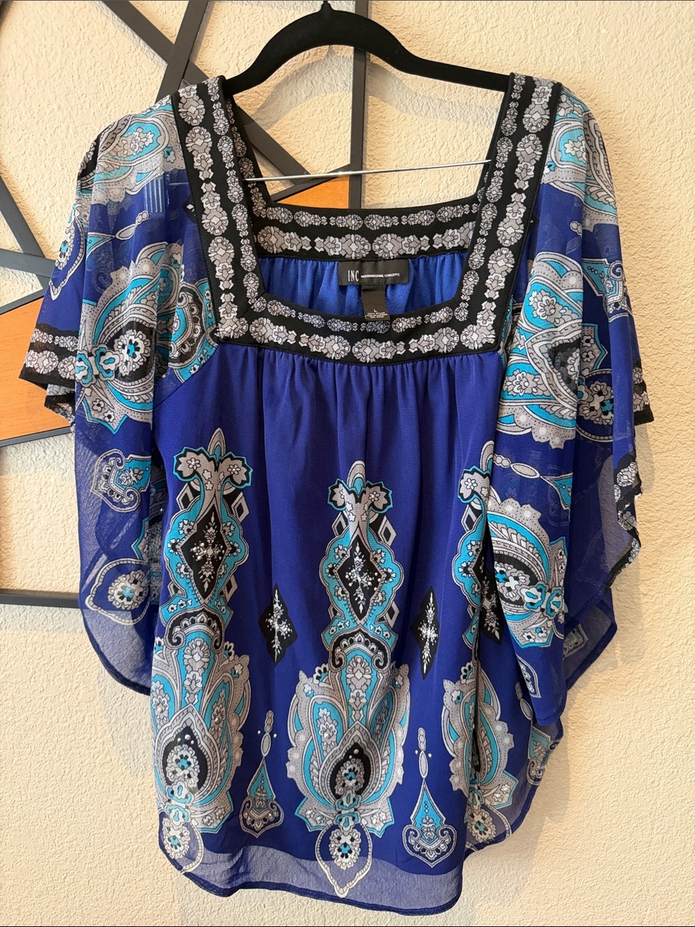 INC International Concepts Royal Blue Paisley Square-Neck Tunic